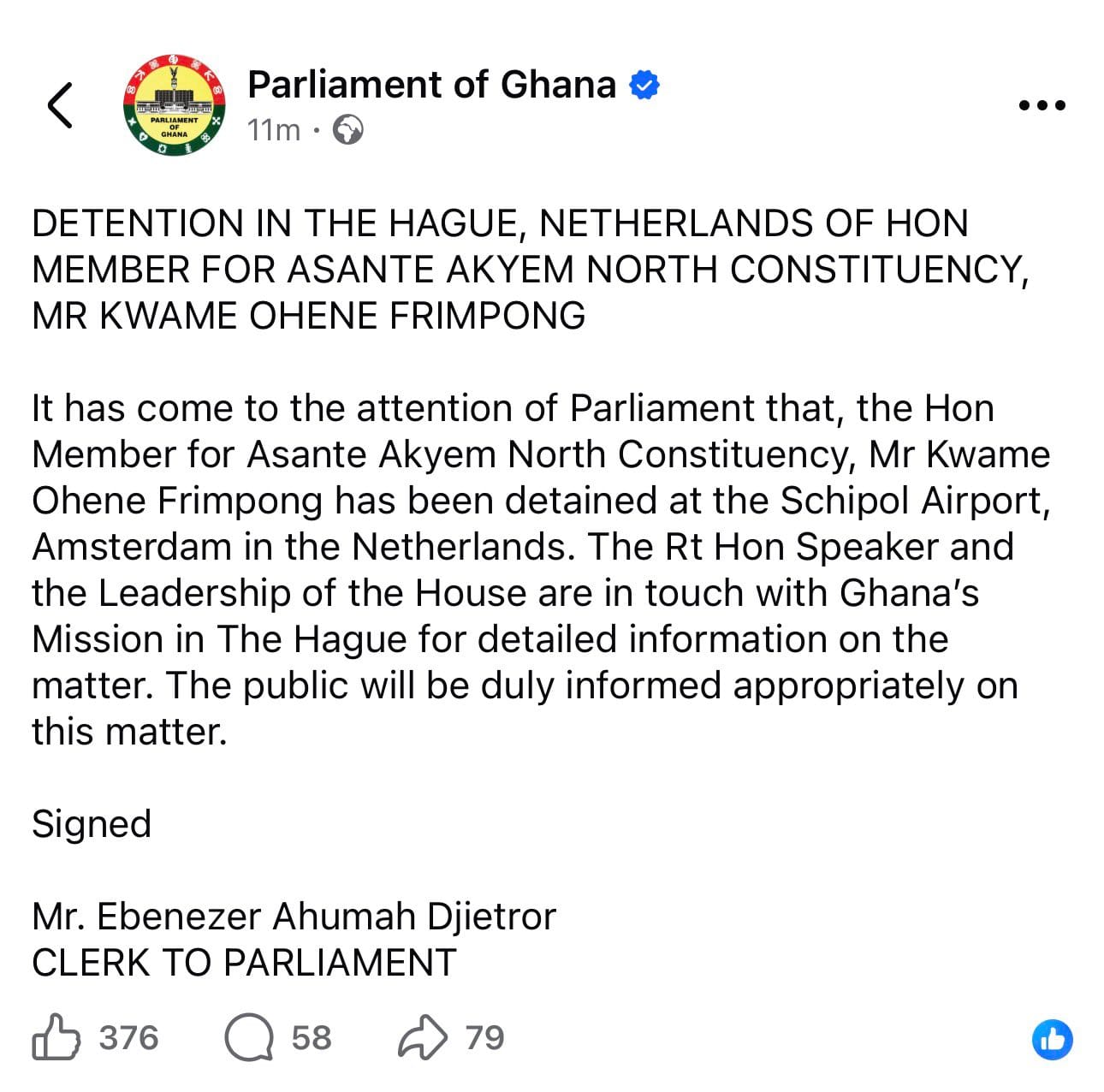 Ghanaian Parliament confirms detention of Asante Akyem North MP