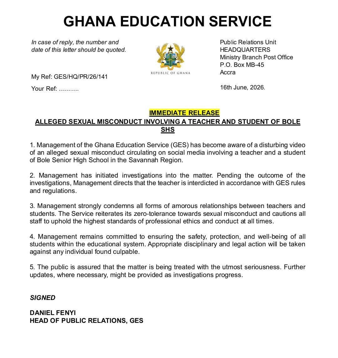 GES Press Release on Bole Senior High School Misconduct Case